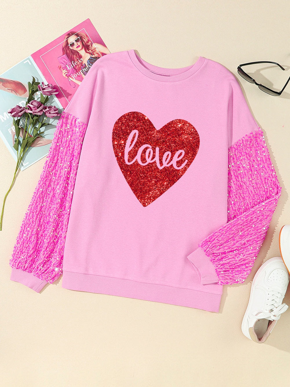Women Love Heart Sequin Dropped Shoulder Valentines Day Sweatshirt nicholesgifts