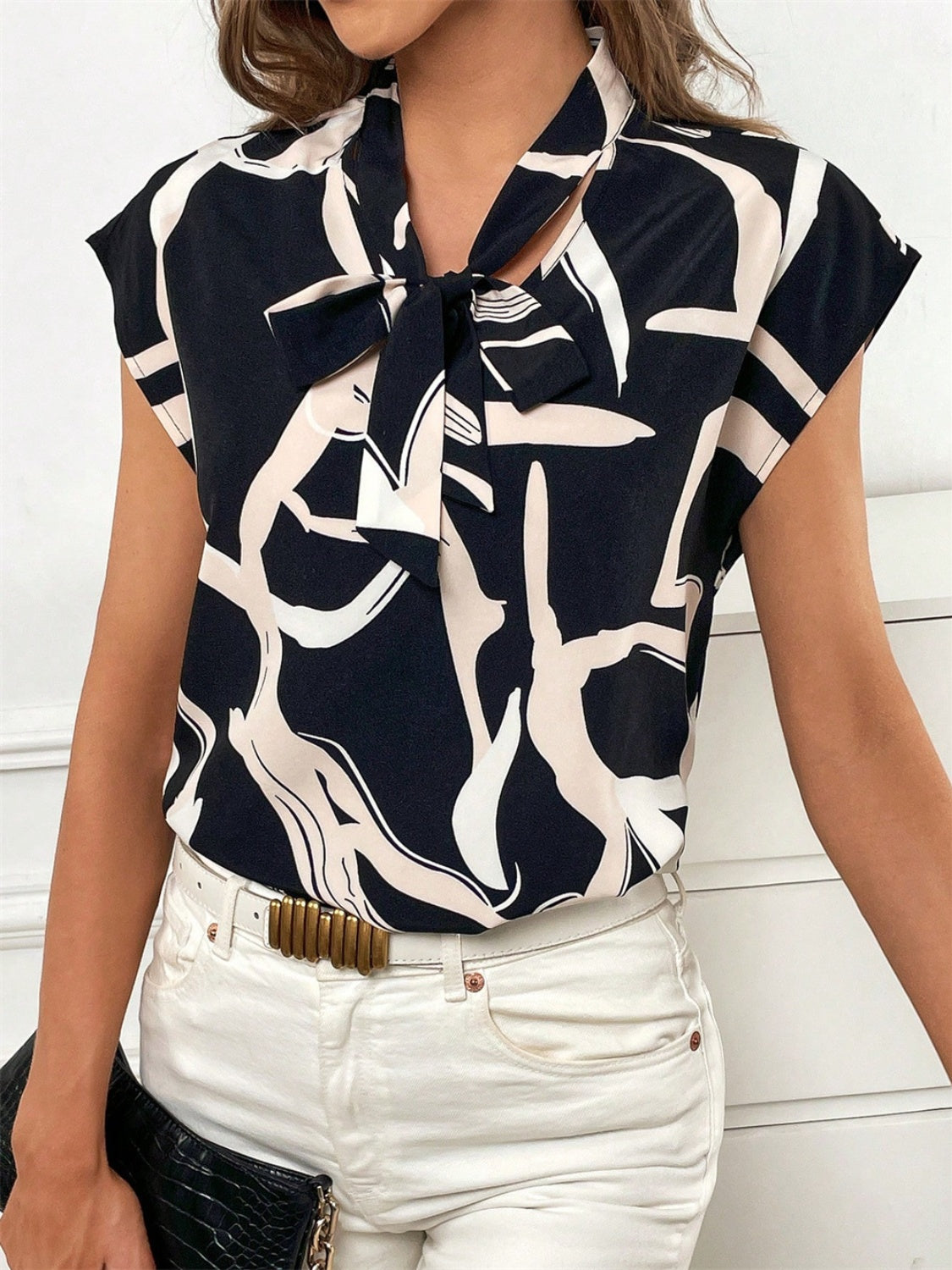 Women Printed Tie Neck Cap Short Sleeve Blouse NicholesGifts