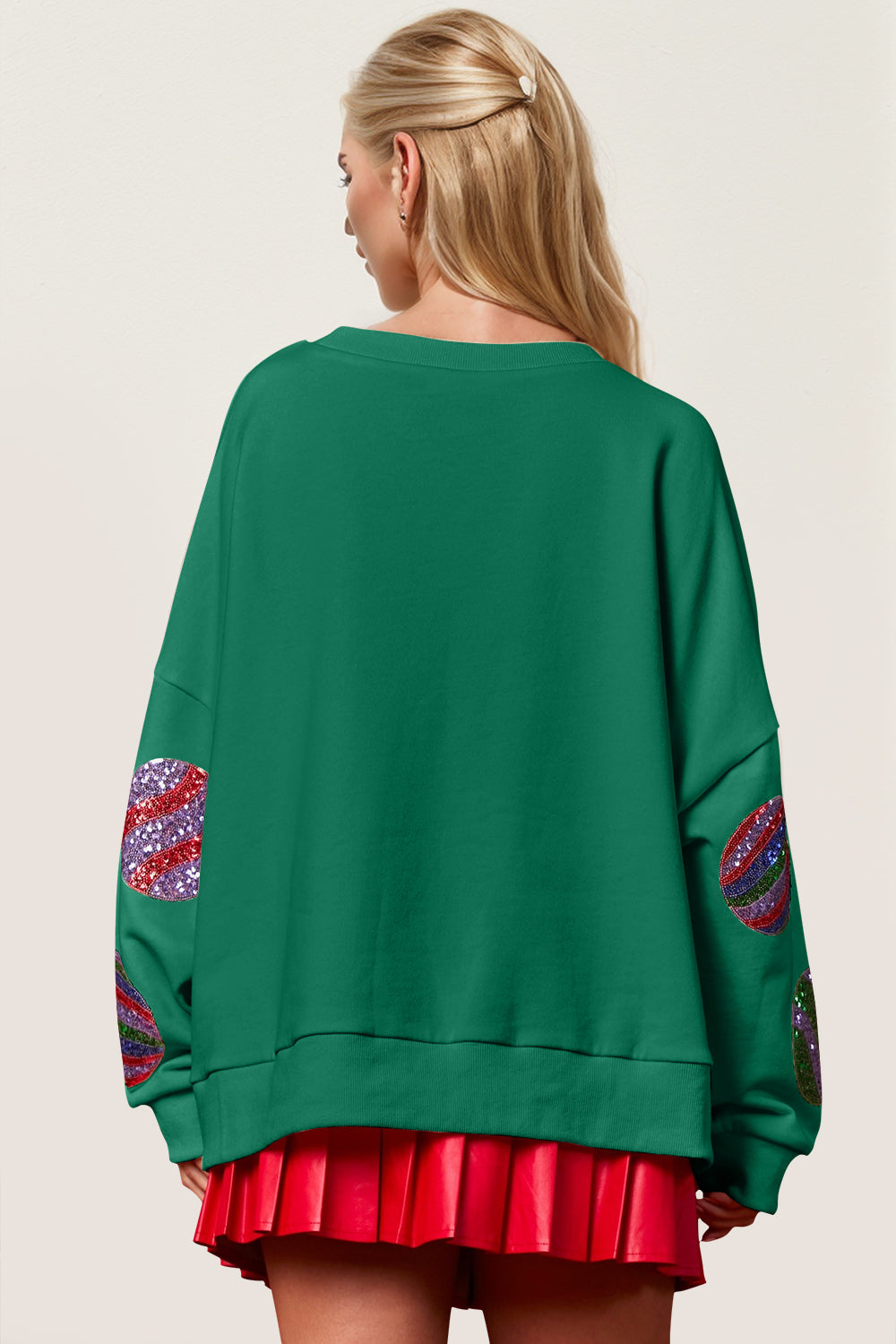 Double Take Christmas Element Sequin Round Neck Long Sleeve Sweatshirt NicholesGifts