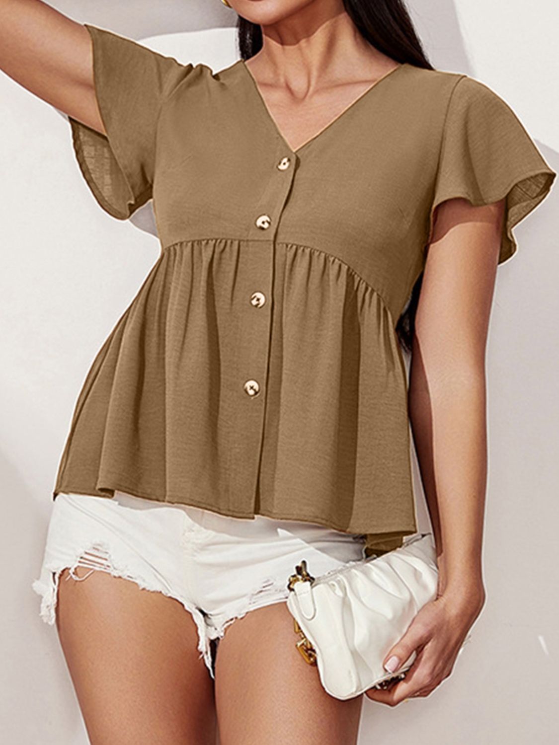 Women V-Neck Flutter Sleeve Blouse NicholesGifts