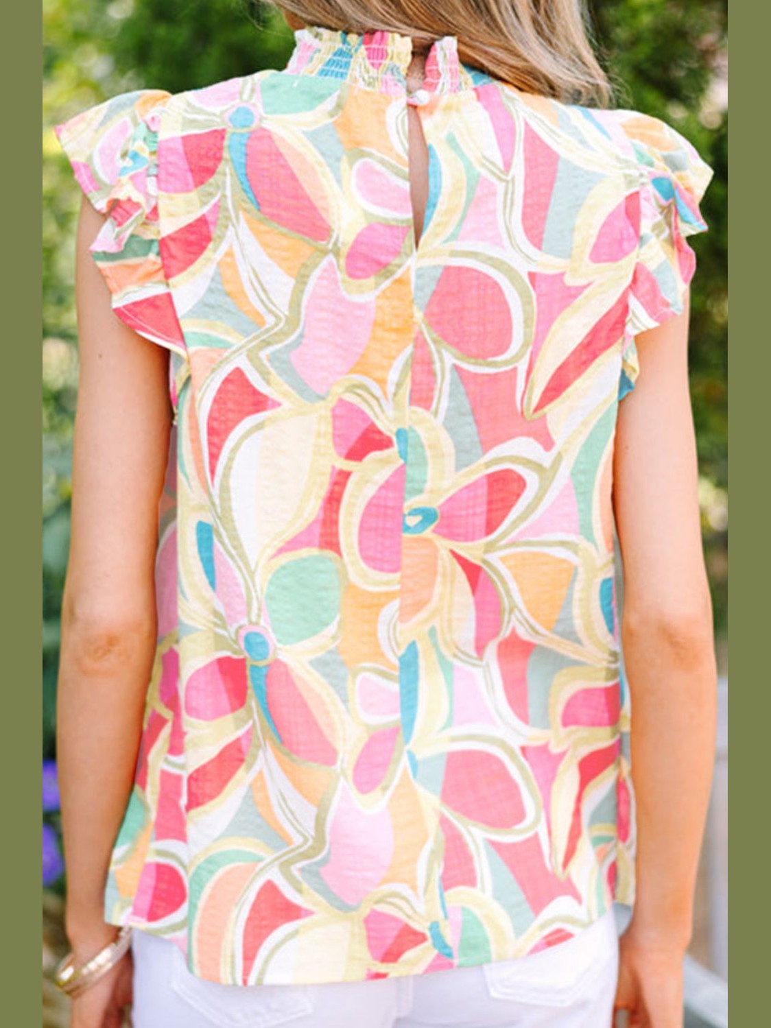 Ruffled Printed Mock Neck Cap Sleeve Blouse NicholesGifts