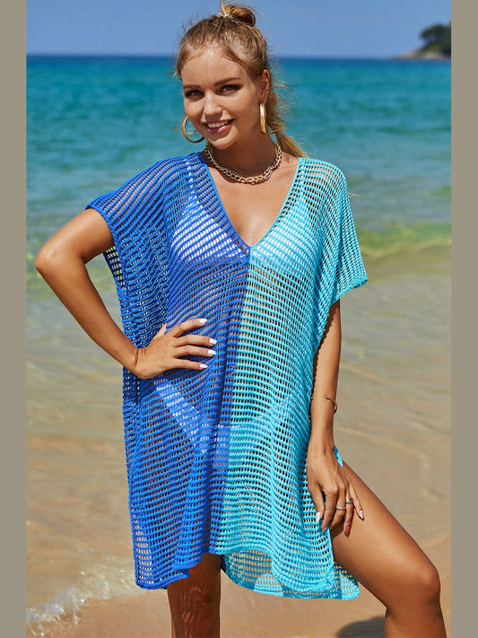 Double Take Openwork Contrast Slit Knit Cover Up NicholesGifts