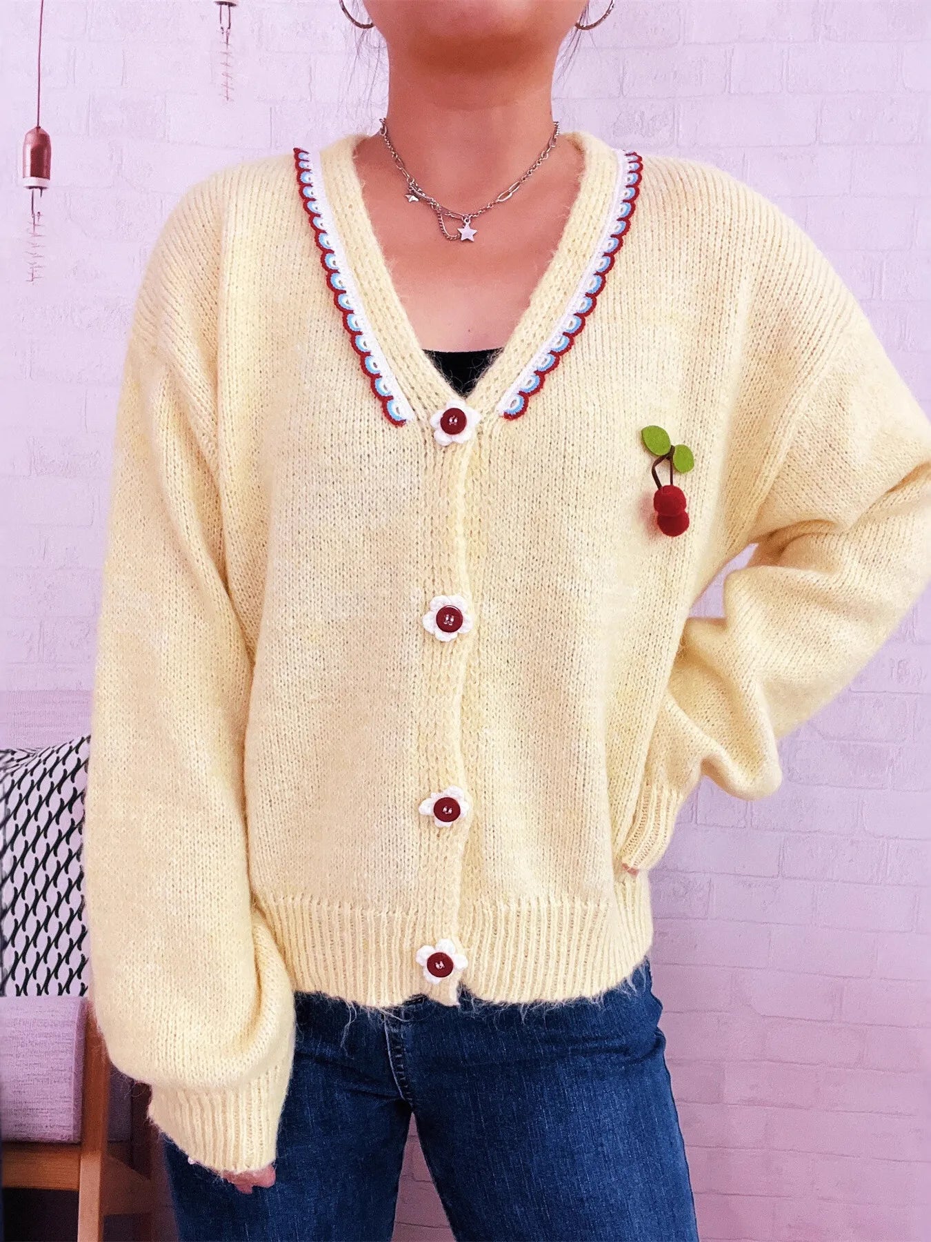 Cherry Button-Front Long Sleeve Cardigan