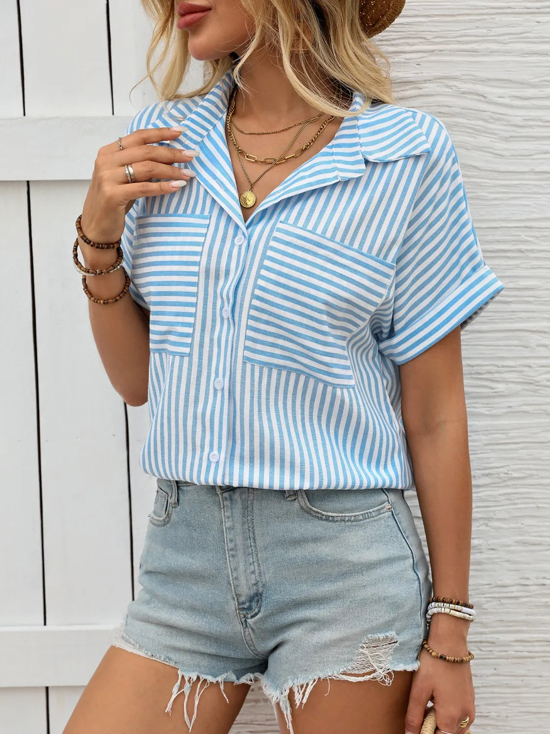 Striped Collared Neck Short Sleeve Shirt