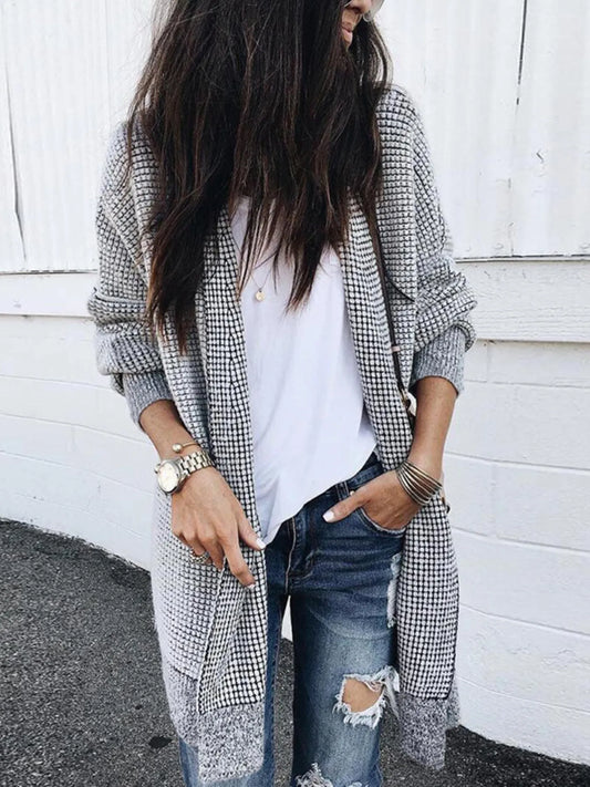 Contrast Plaid Longline Cardigan with Ribbed Trim