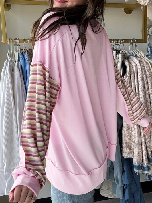 Exposed Seam Color Block Striped Patchwork Loose Henley Sweatshirt nicholesgifts