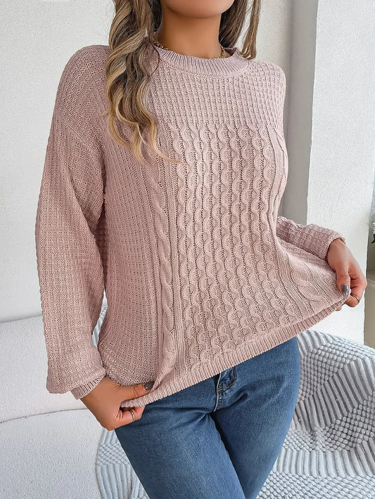 Cable-Knit Round Neck Long Sleeve Sweater nicholesgifts