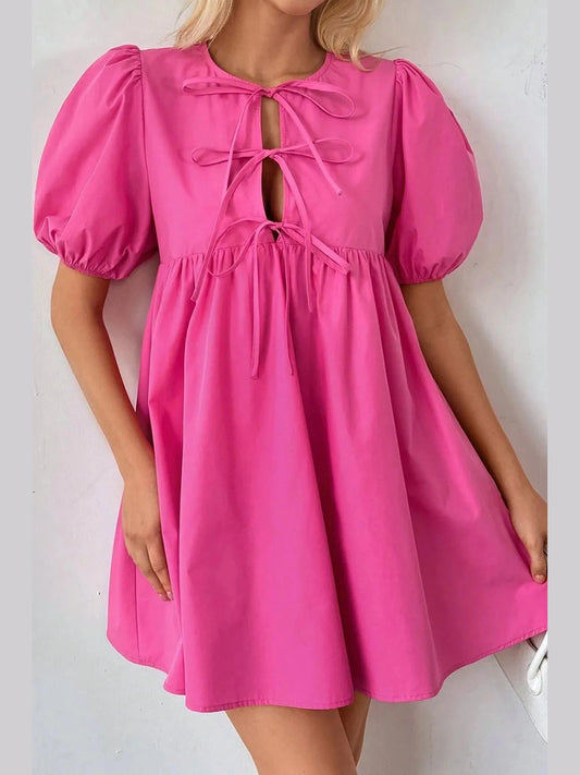 Puff Sleeve Tie Front High Waist Mini Dress NicholesGifts