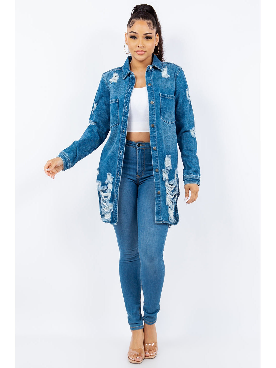 Women American Bazi Distressed Button Up Long Sleeve Denim Jacket NicholesGifts