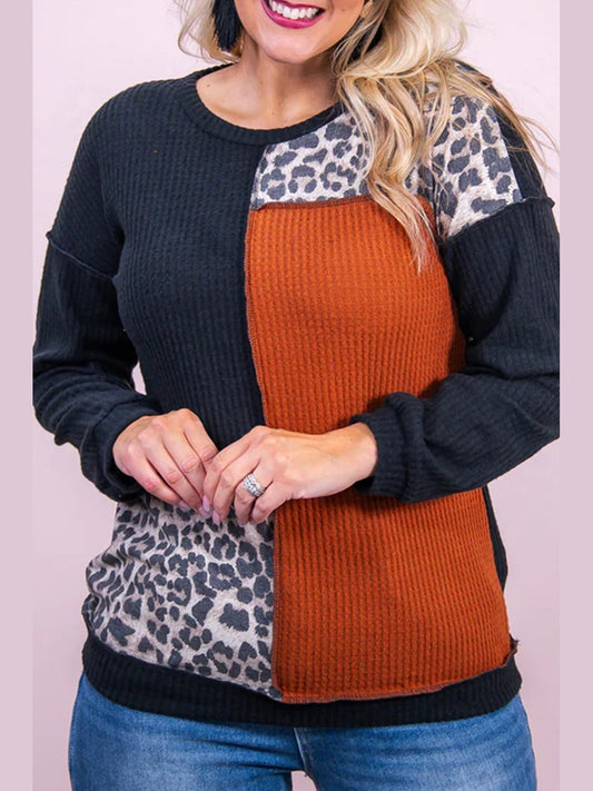 Plus Size Women Waffle-Knit Leopard Round Neck Dark Blue Blouse