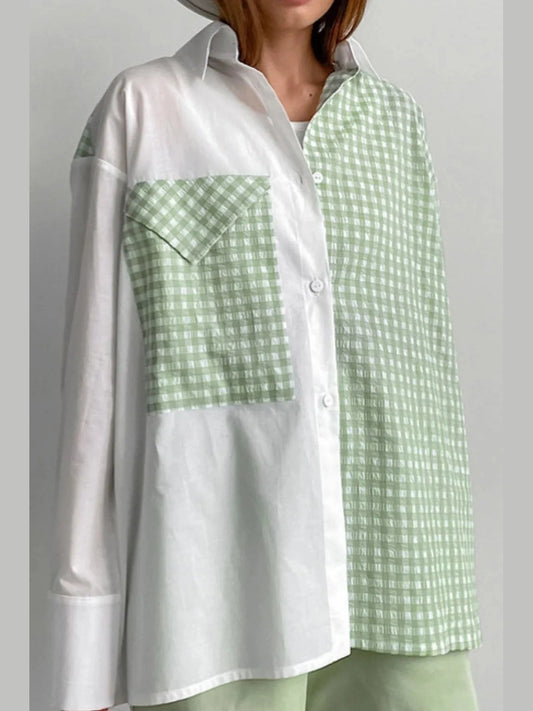 Two-Tone Plaid Button Down Long Sleeve Shirt Trendsi