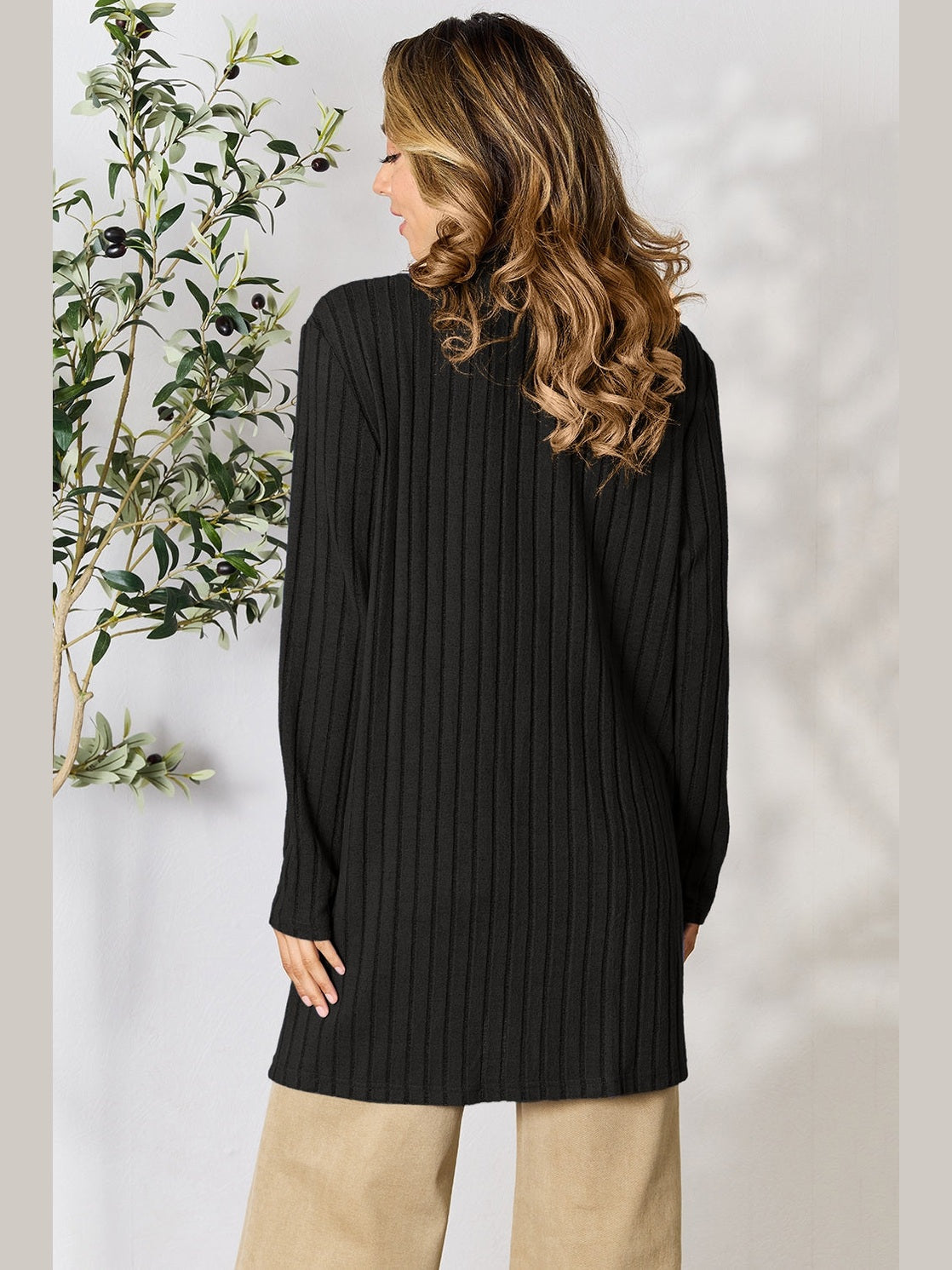 NicholesGifts Women Basic Bae Full Size Ribbed Open Front Cardigan with Pockets NicholesGifts