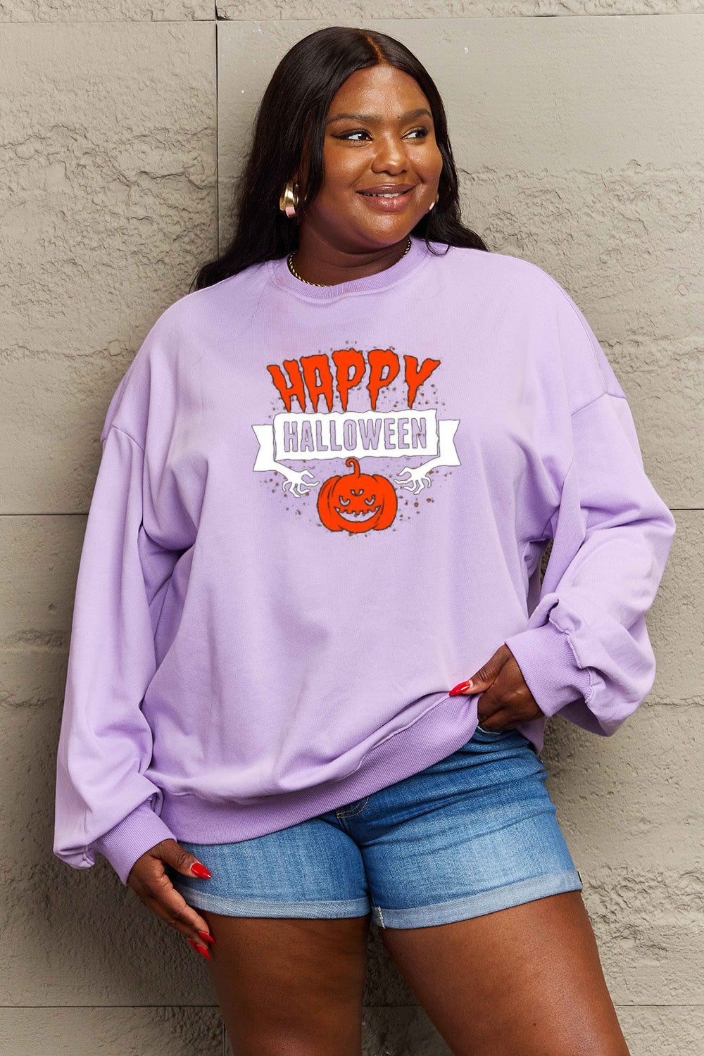 Women Simply Love Full Size Happy HAlloween Graphic Sweatshirt NicholesGifts