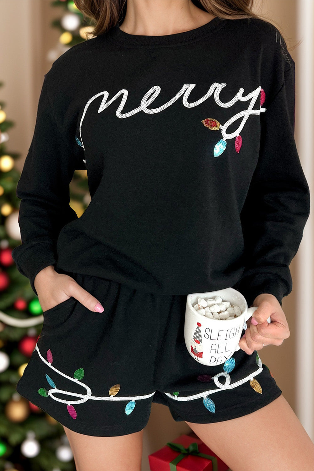 MERRY Sequin Round Neck Long Sleeve Top and Shorts Set NicholesGifts