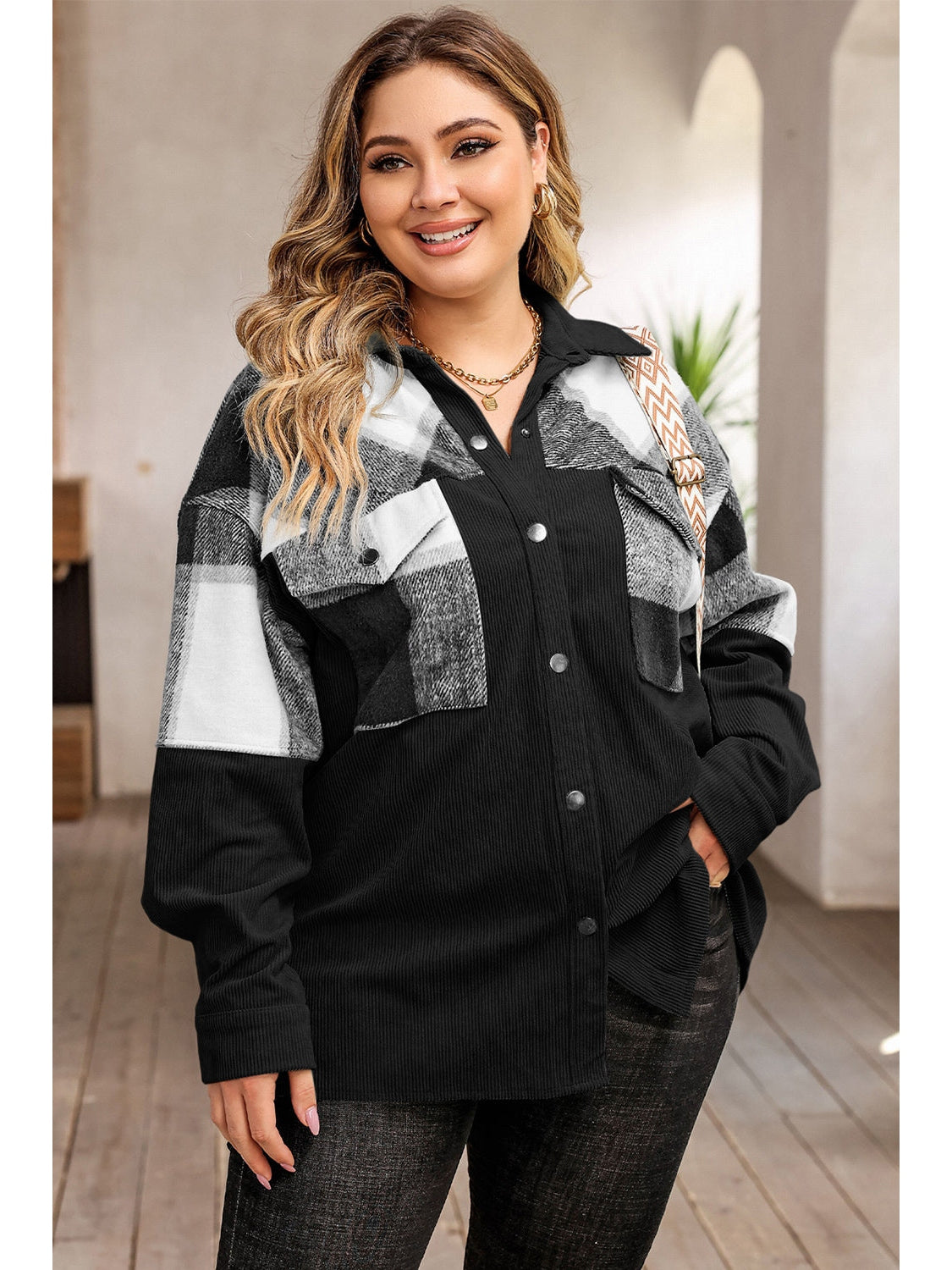 Plus Size Women Plaid Snap Down Jacket with Pockets NicholesGifts