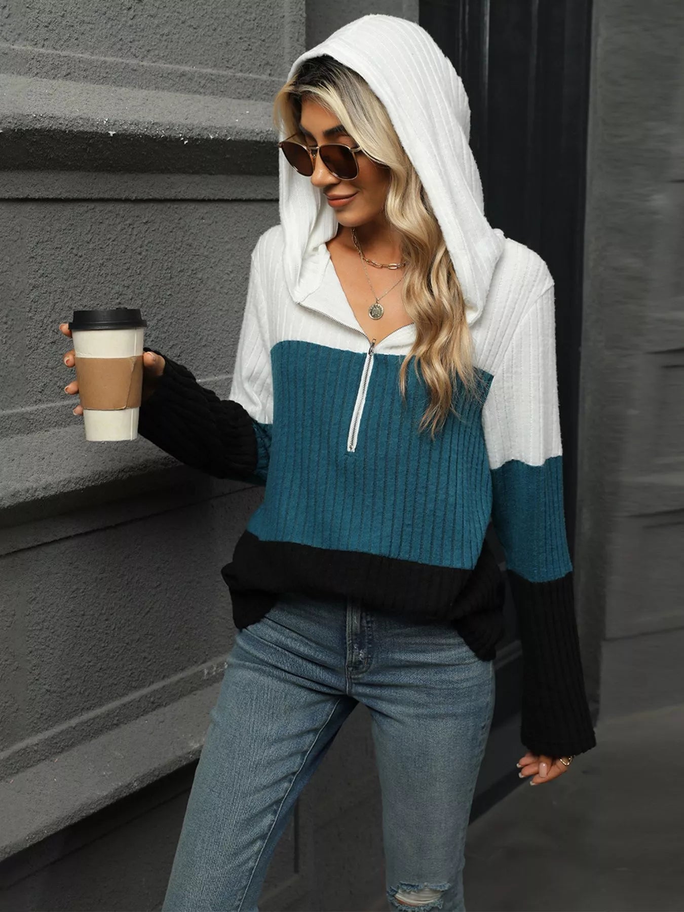 Color Block Half Zip Hooded Top Trendsi