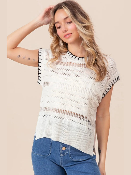 BiBi Stitch Edge Pointelle Side Slit Sweater Vest nicholesgifts