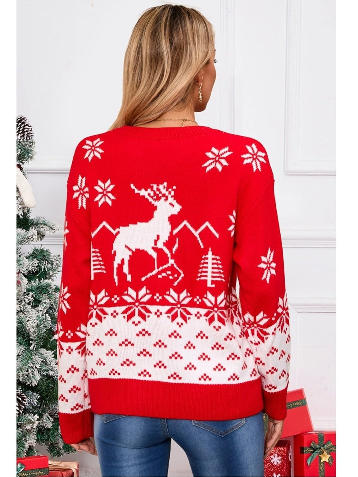 Angel Wings Deer Pattern Round Neck Long Sleeve Sweater