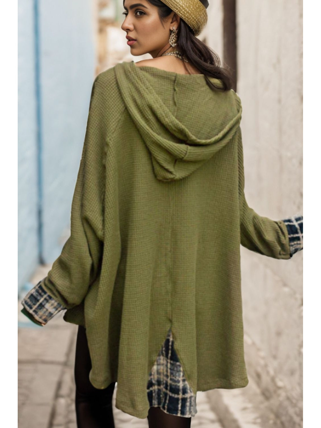 NicholesGifts Women Waffle-Knit Buttoned Long Sleeve Hoodie