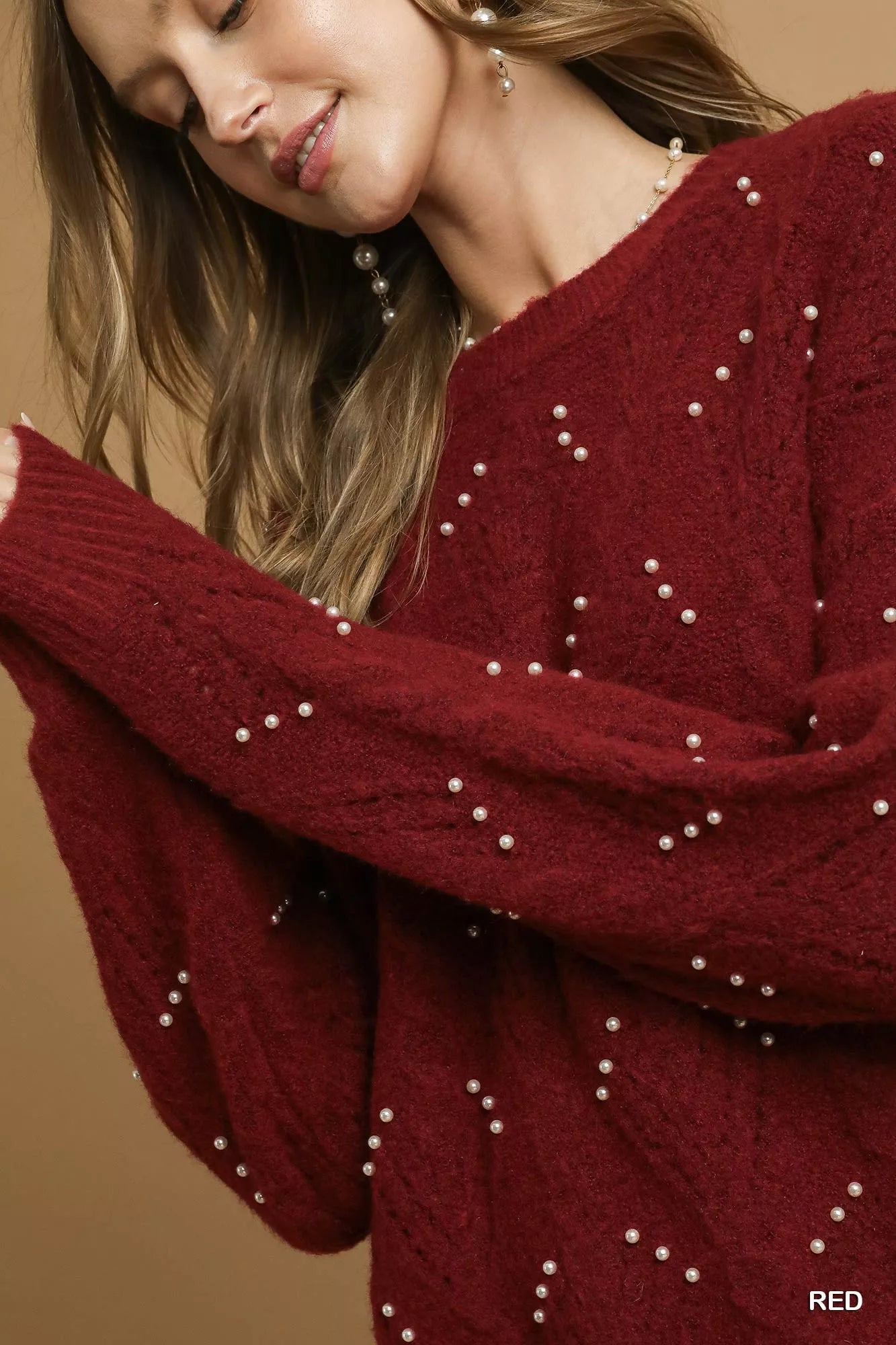 Umgee Pearl-Embellished Long Sleeve Sweater