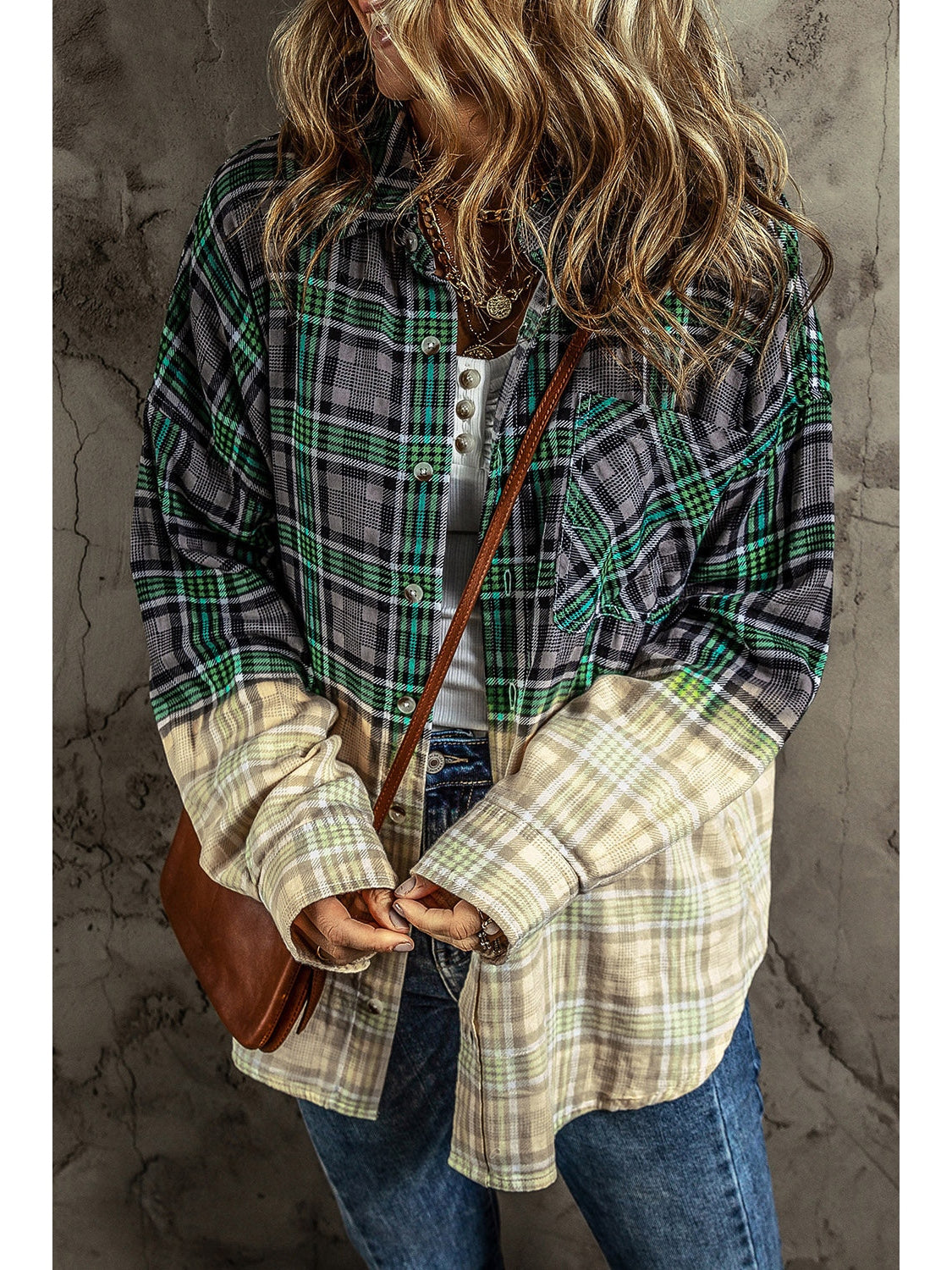 NicholesGifts Women Contrast Plaid Button Up Long Sleeve Shacket NicholesGifts