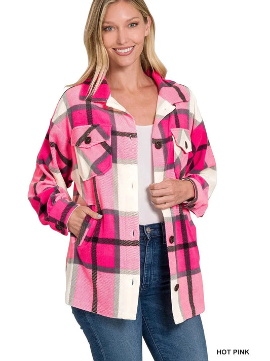 Zenana Oversized Plaid Fleece Shacket Trendsi
