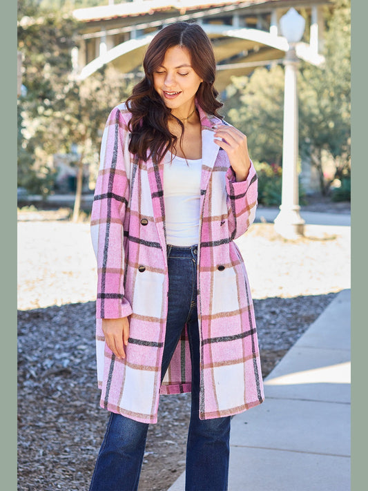 Double Take Full Size Plaid Button Up Lapel Collar Coat NicholesGifts