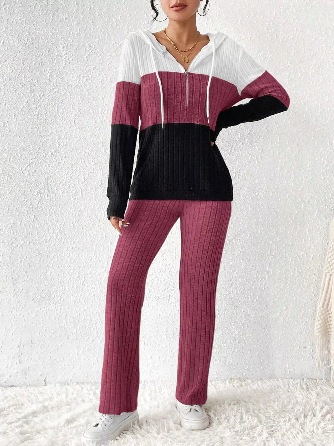 Women Color Block Half Zip Hooded Top and Pants Set NicholesGifts