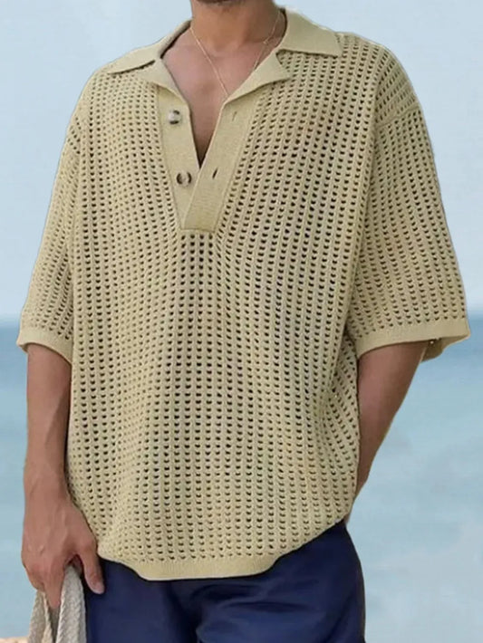 Men's Plus Size Openwork Collared Neck Quarter Button Knit Polo NicholesGifts