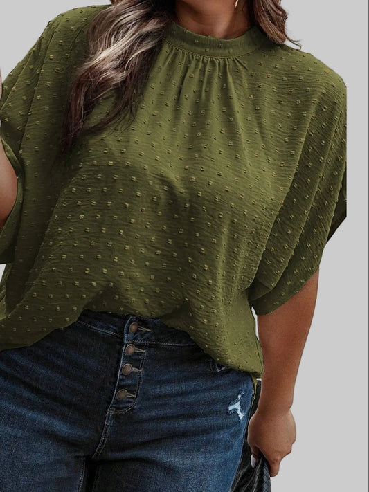 Plus Size Swiss Dot Tied Mock Neck Blouse nicholesgifts