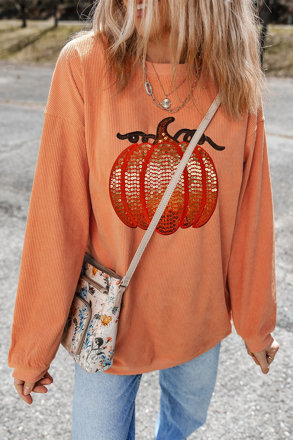 Sequin Pumpkin Round Neck Long Sleeve Sweatshirt NicholesGifts