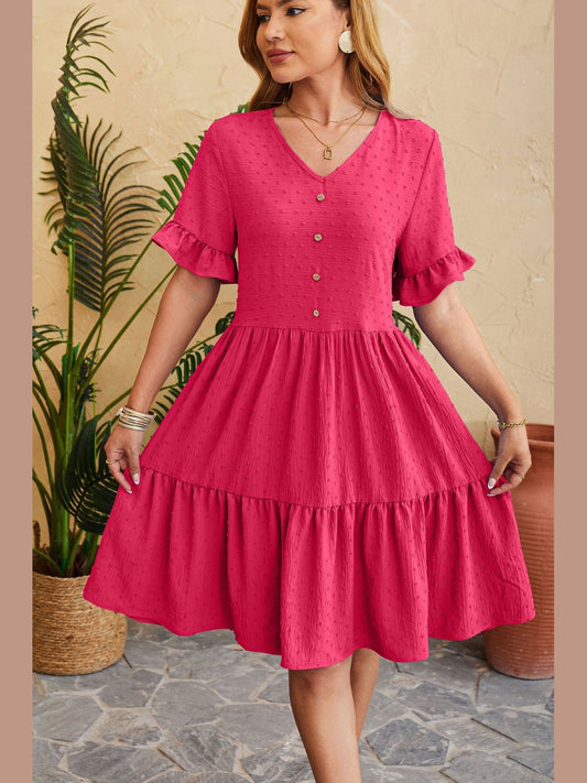 Women Swiss Dot Ruffled V-Neck Tiered Dress