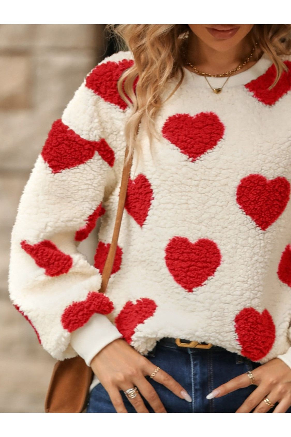NicholesGifts Women Fuzzy Heart Dropped Shoulder Sweatshirt NicholesGifts