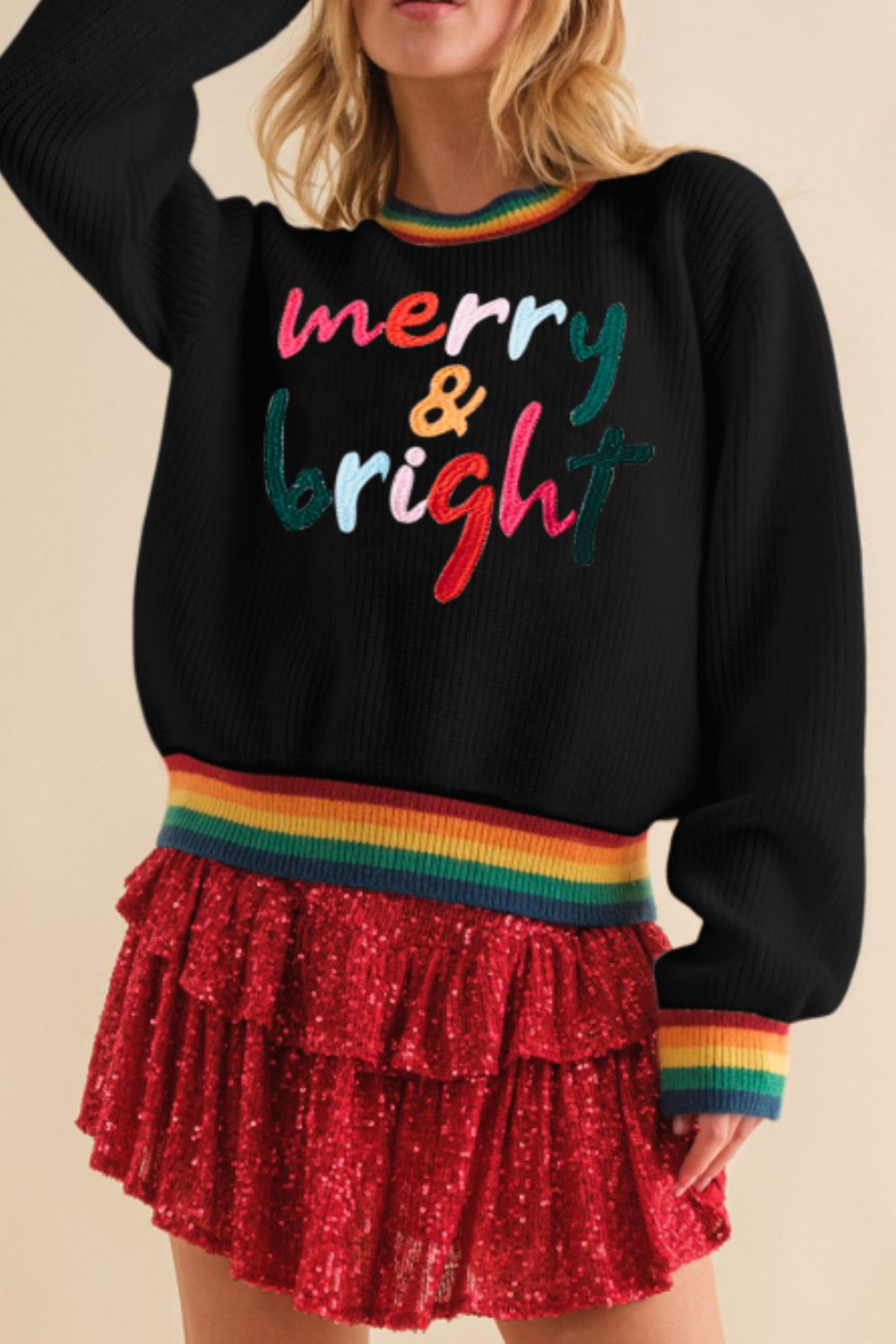 NicholesGifts Women Merry & Bright Ribbed Round Neck Christmas Sweater NicholesGifts