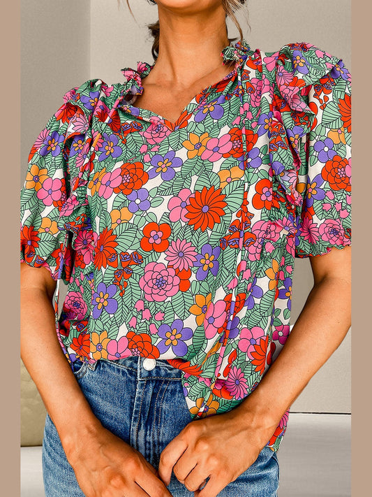 Ruffled Printed Tie Neck Short Sleeve Blouse