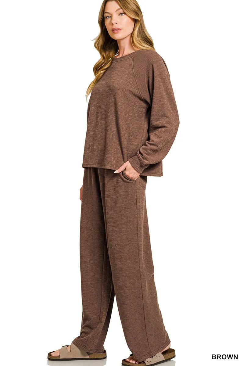 Zenana Slub Long Sleeve Top and Pants Lounge Set Trendsi
