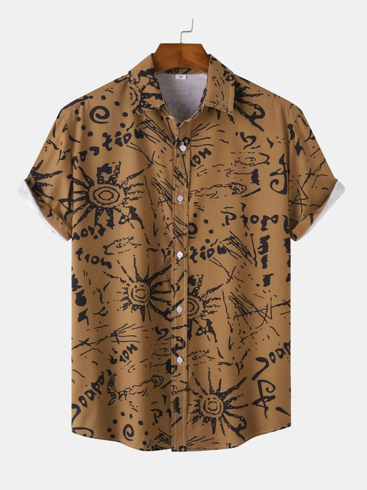 Men's Plus Size Vintage Sun Print Short Sleeve Button-Up Shirt NicholesGifts