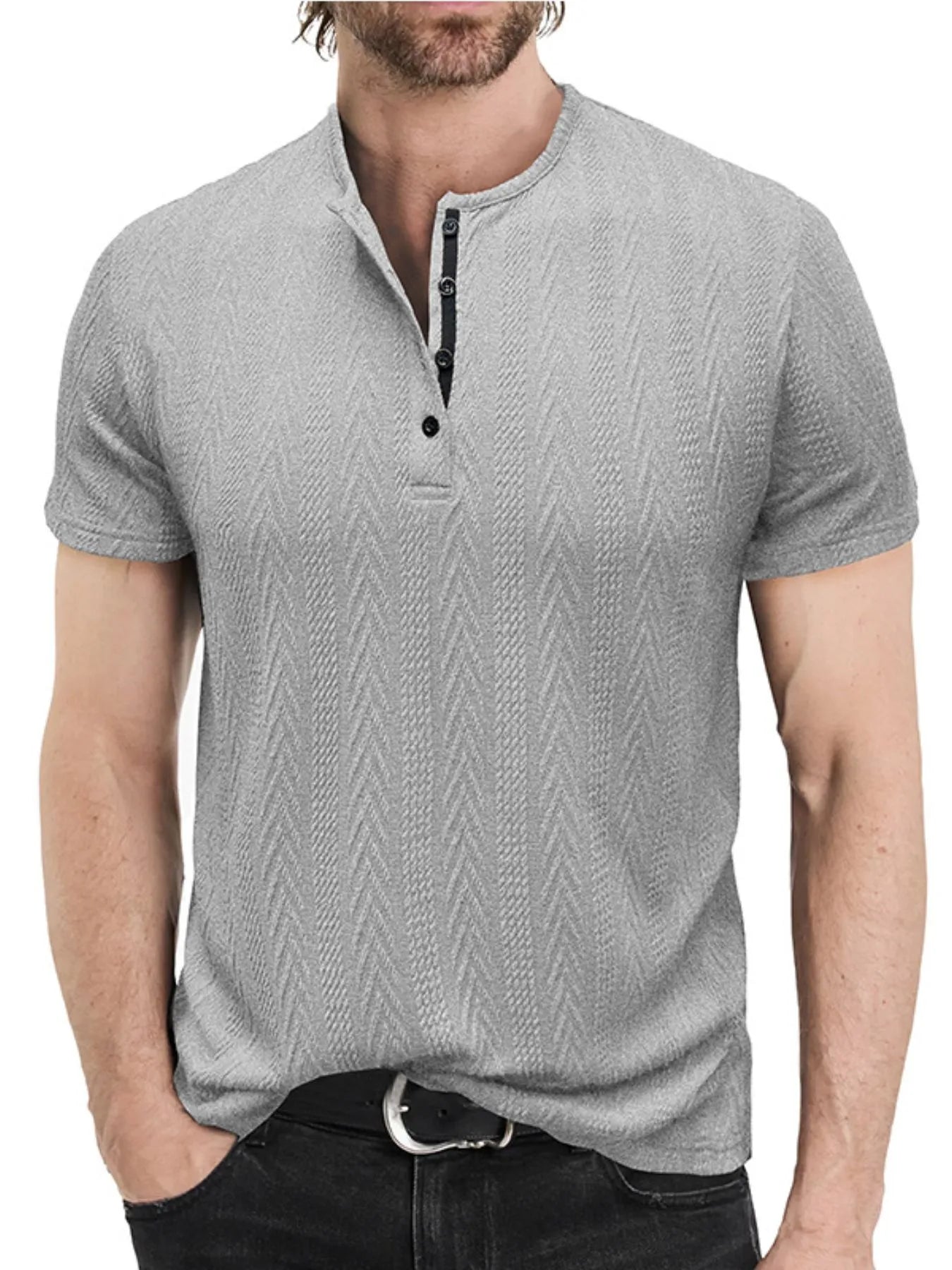 Men's Textured Chevron Pattern Henley Polo Short Sleeve Shirt