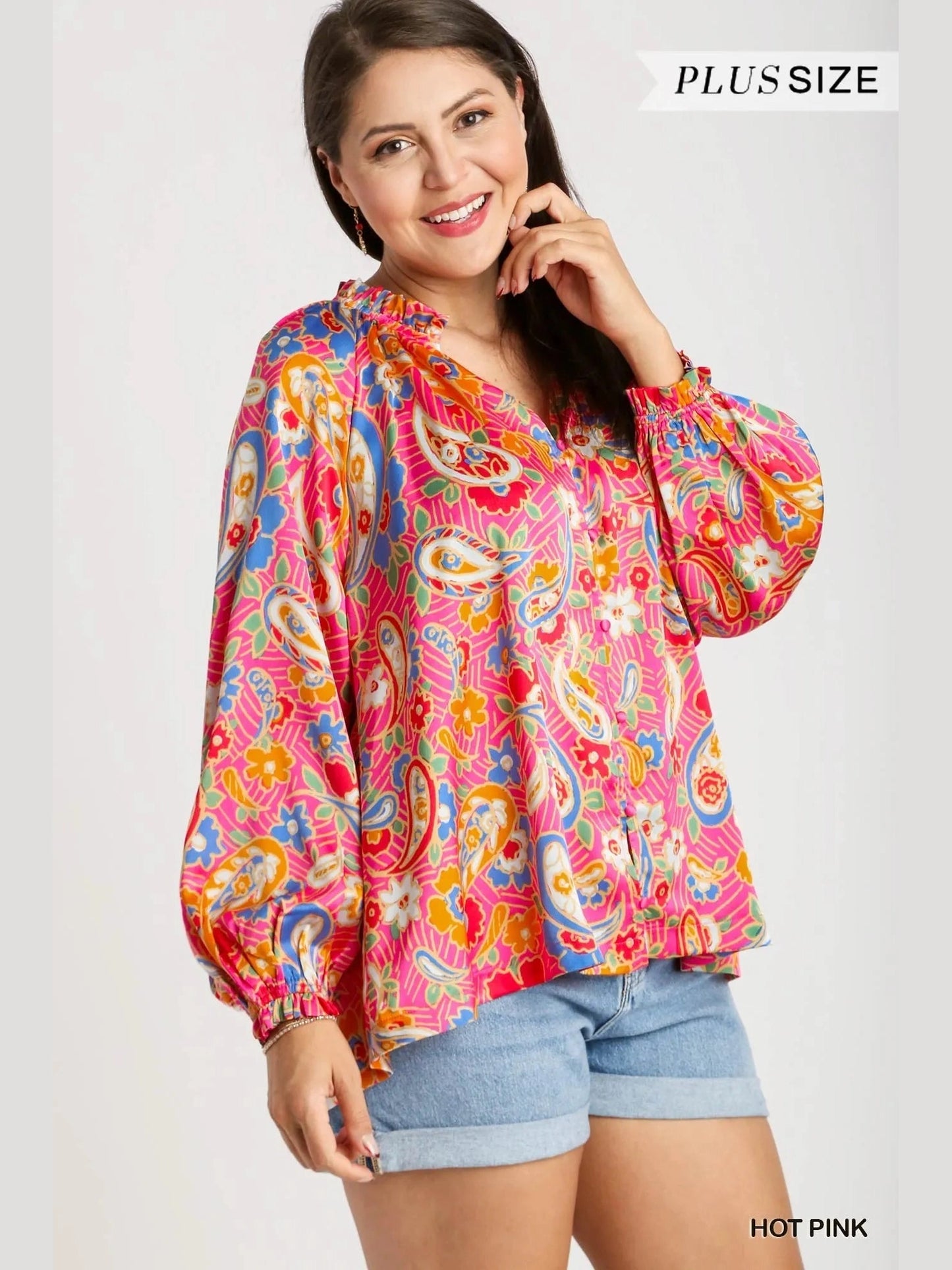 Umgee Full Size Satin Paisley Ruffle Neck Button-Up Shirt Plus Size NicholesGifts