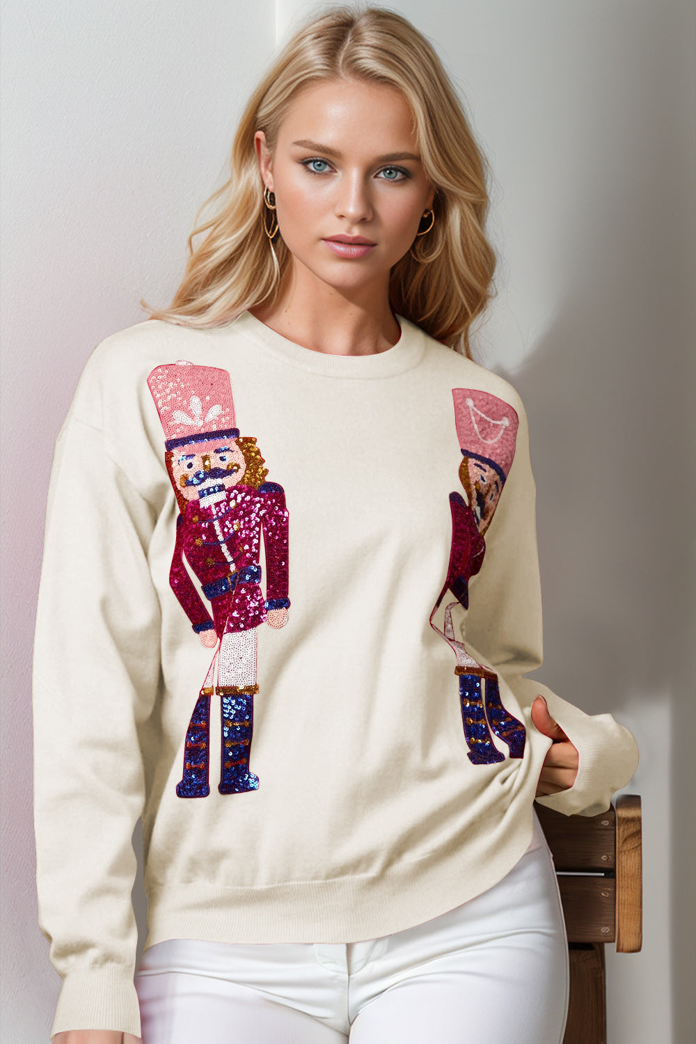 Double Take Full Size Nutcracker Sequin Long Sleeve Sweater NicholesGifts