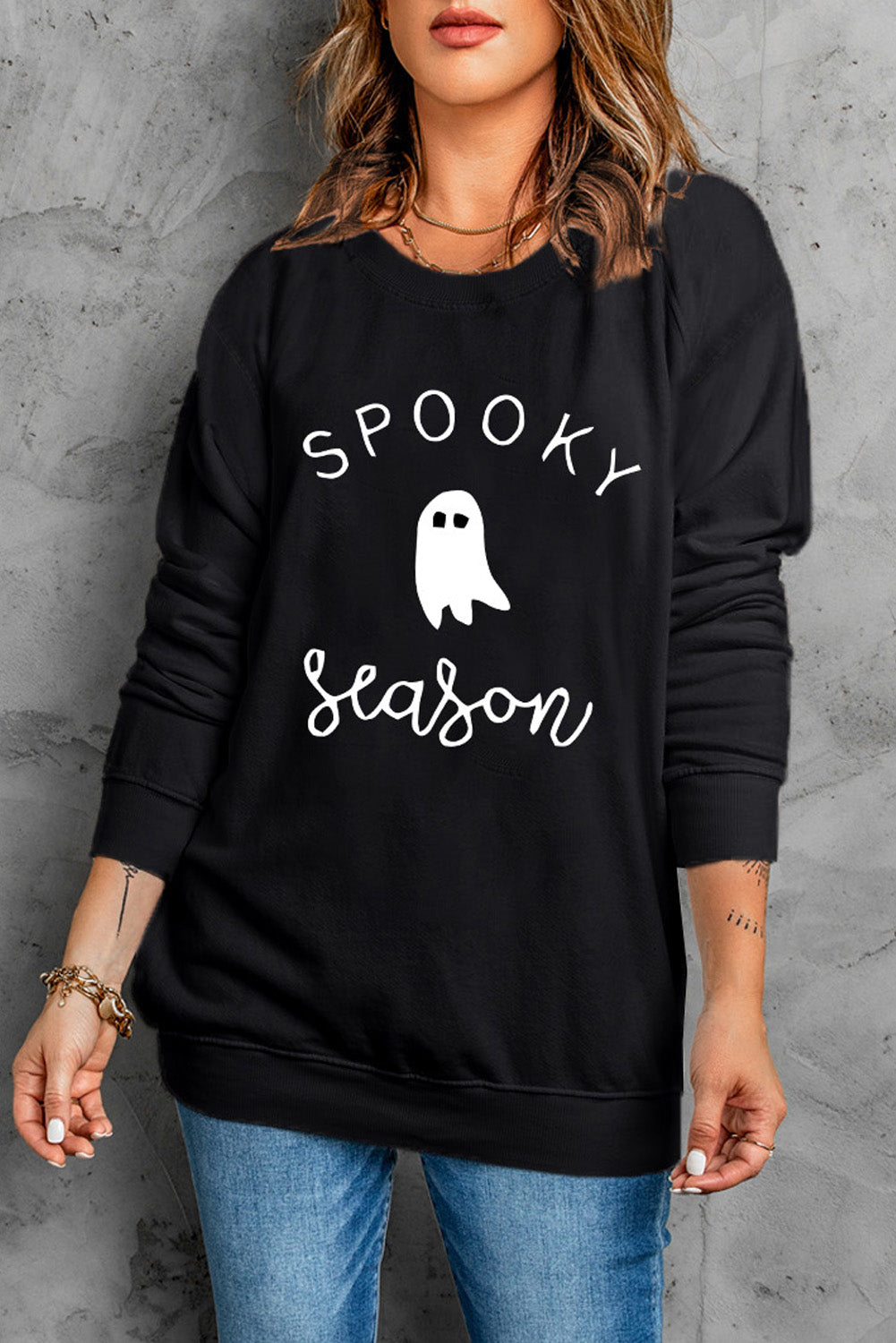 Women Round Neck Long Sleeve Spooky Season Graphic Sweatshirt NicholesGifts