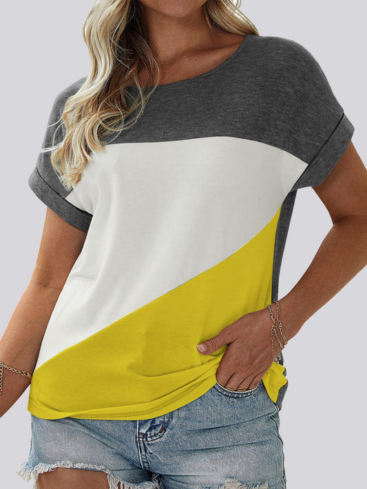 NicholesGifts Women Color Block Round Neck Short Sleeve T-Shirt
