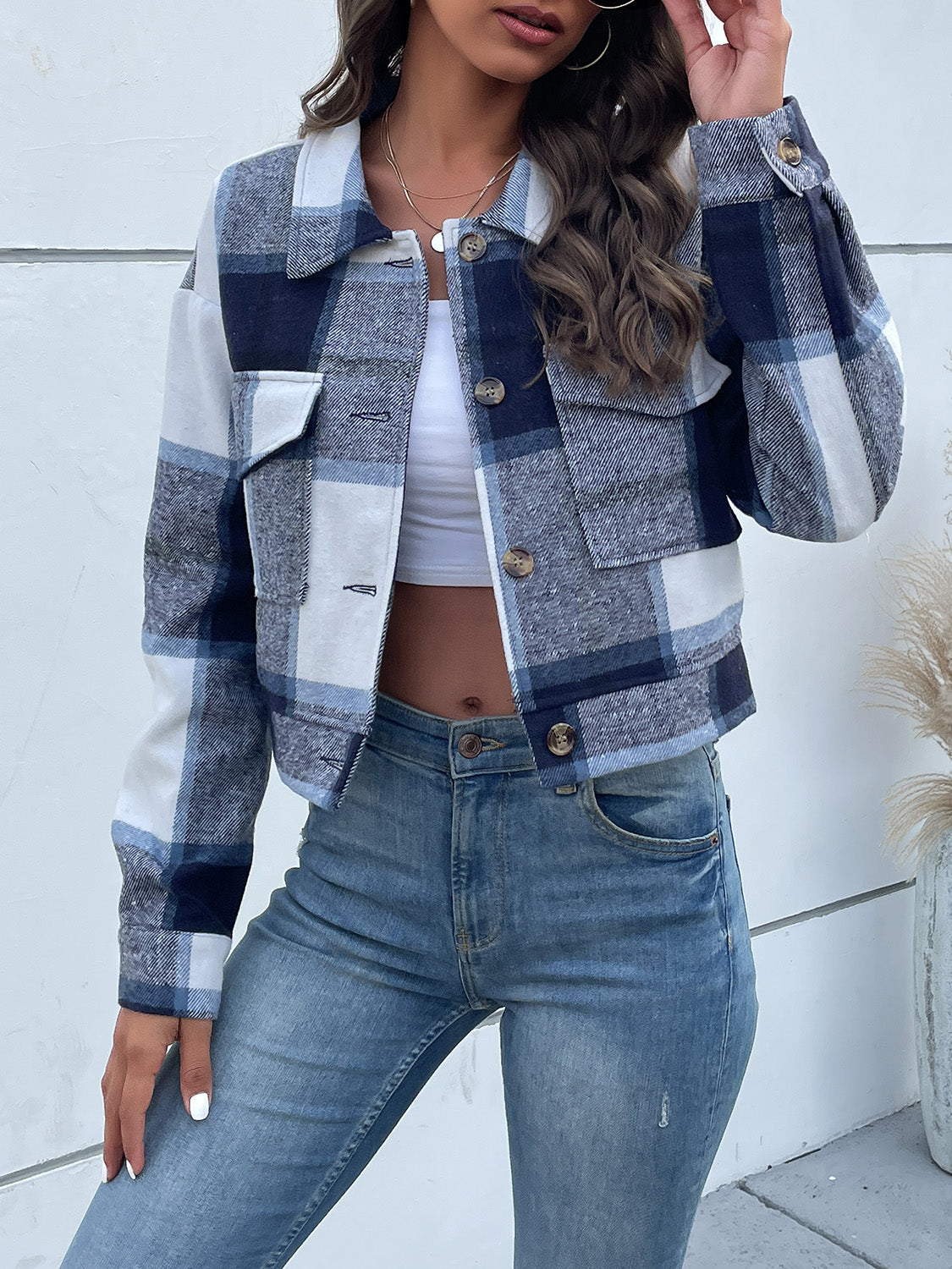 Perfee Plaid Button Up Drop Shoulder Cropped Jacket NicholesGifts