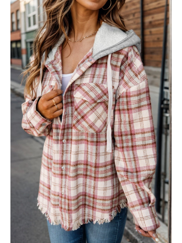 Plaid Raw Hem Drawstring Hooded Jacket nicholesgifts
