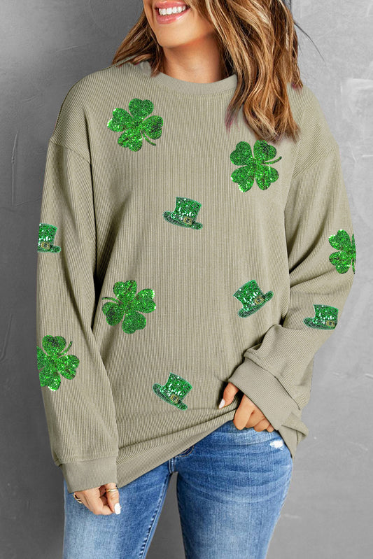 Lucky Clover Sequin Round Neck Sweatshirt NicholesGifts