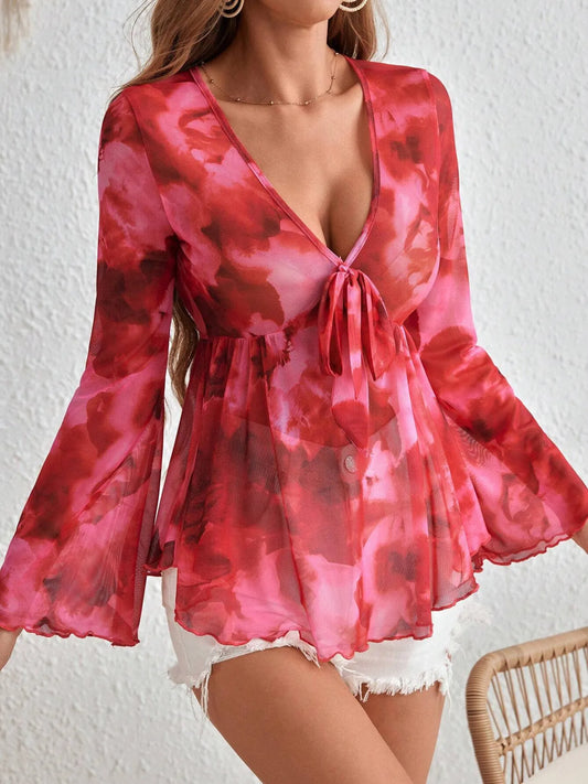 Tie-Front Flare Sleeve Blouse NicholesGifts