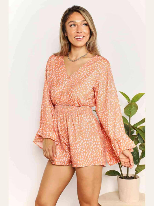Double Take Printed Flare Sleeve Surplice Romper nicholesgifts