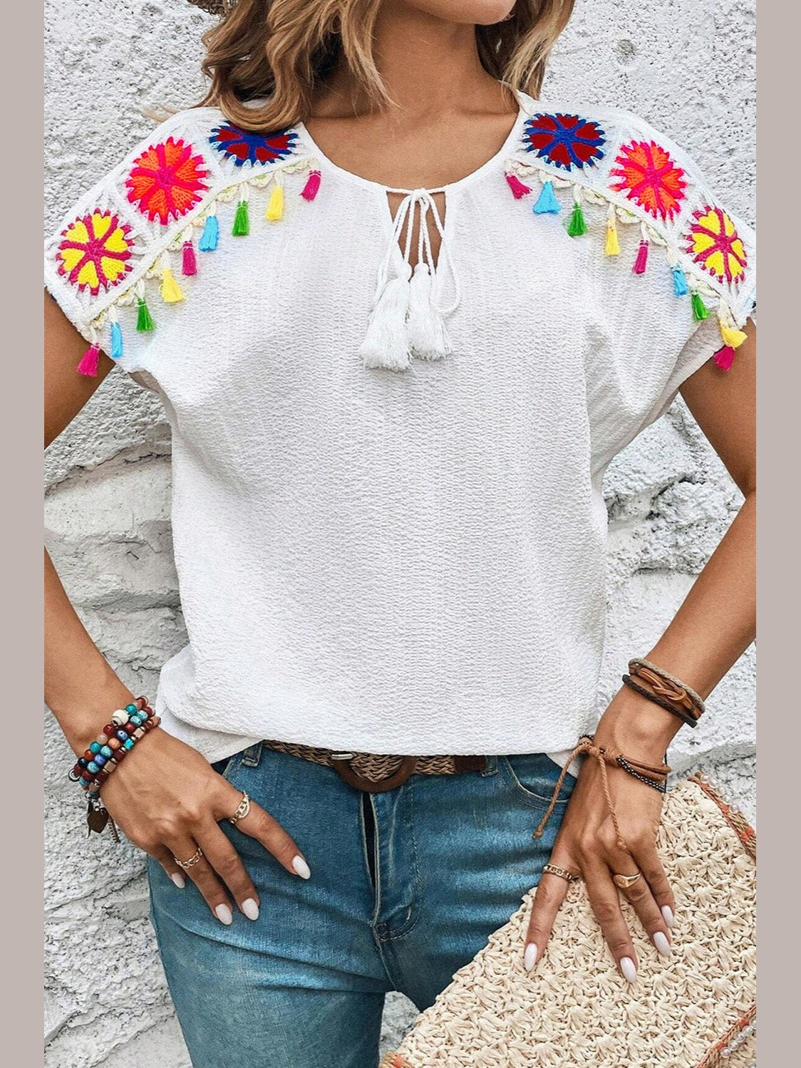 Women Tassel Tie Neck Short Sleeve White Blouse NicholesGifts