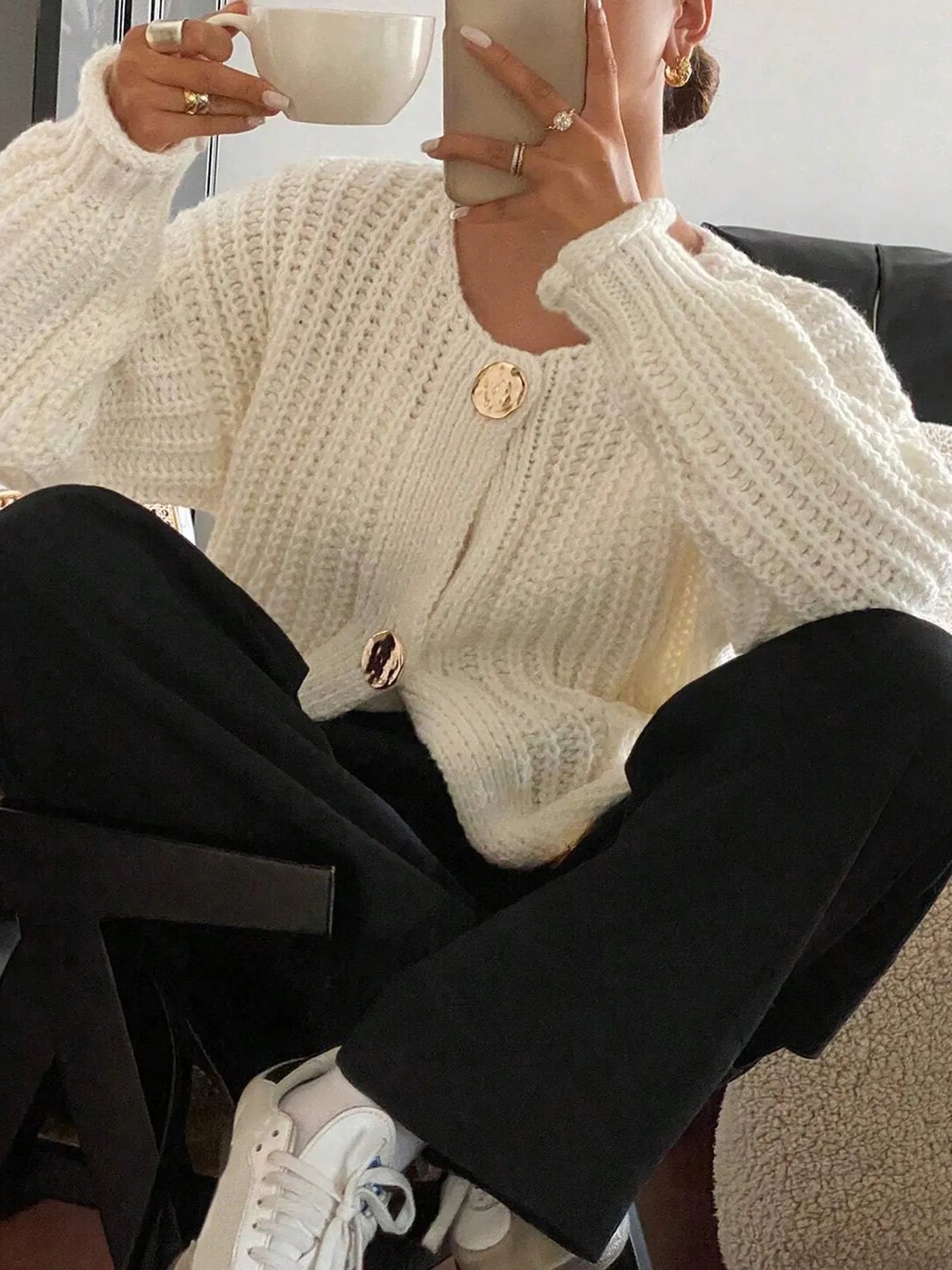Button-Front Knit Cardigan with Pockets