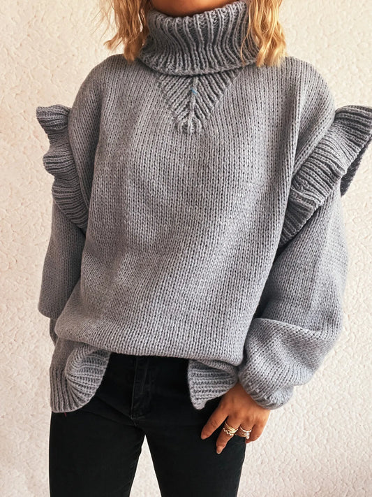 Women Ruffled Turtleneck Long Sleeve Sweater
